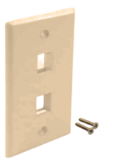 Ivory 2-port single gang flush style network faceplate with two rectangular openings and mounting screws