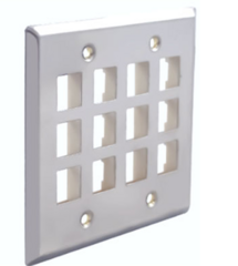 Wavenet stainless steel 12-port faceplate with rectangular openings for network cabling and mounting holes