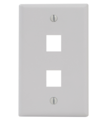 White single gang oversized faceplate with two square port openings for network cabling accessories