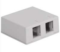 White 2-port Elite surface mount box with dual network connection openings for structured cabling installation