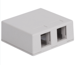 White 2-port Elite surface mount box with dual network connection openings for structured cabling installation