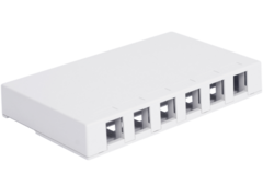 White 6-port elite surface mount box with cable management ports for network cabling infrastructure