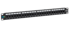 24-port Category 6A patch panel with black metal housing and cable management rail for network infrastructure installation