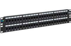 ICC 48-port Category 6A patch panel with dual rows of RJ45 ports mounted on black rackmount frame for network cabling infras… Main image