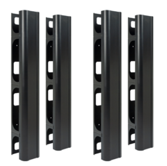 Four black vertical metal channels for 7-foot server racks with mounting holes, designed for side or center installation
