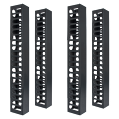 Four black vertical plastic finger ducts for 7-foot server racks with white circular cable routing holes, side or center mou… Main image