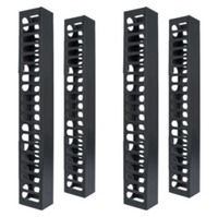 Four black vertical plastic finger ducts for 7-foot server racks with white circular cable routing holes, side or center mou…