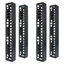 Four black vertical plastic finger ducts for 7-foot server racks with white circular cable routing holes, side or center mou…