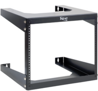 Black ICC 8 RU wall mount rack with open frame design, showing horizontal rails and vertical mounting posts for server equip…