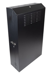 Black vertical wall-mounted cabinet with vented front panel and side-mounted lock mechanism for network cabling infrastructu…