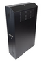 Black vertical wall-mounted cabinet with vented front panel and side-mounted lock mechanism for network cabling infrastructu…