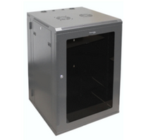 Gray 18U double section swing out wall mount cabinet with open front door and black interior frame for networking equipment