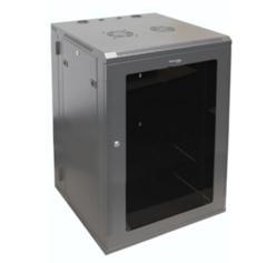 Gray 18U double section swing out wall mount cabinet with open front door and black interior frame for networking equipment