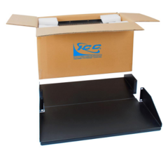 20-inch deep double-sided rack shelf with black tray and cardboard shipping box, ideal for server rack cable management