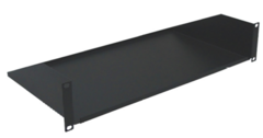 Black 1U solid bottom rack shelf with 14-inch depth, featuring mounting brackets for server rack installation