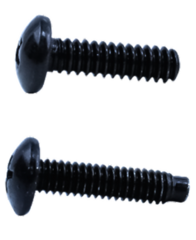 Two black steel #10-32 rack screws shown side-by-side displaying threaded shaft and flanged head design for server rack moun…