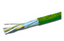 Cat 6e shielded network cable with green jacket, showing twisted pair conductors and shielding layers in cross-section view