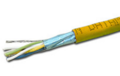 Cat 6e shielded networking cable with yellow jacket, showing twisted pair wires inside protective shielding for structured c…