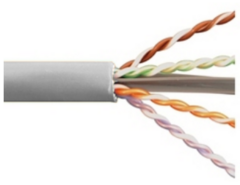 Cat6A 650 MHz 10Gig CMP network cable spool showing twisted pair conductors in orange, green, blue and pink with gray sheath…