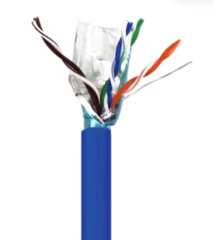 Blue Cat5e shielded network cable spool with exposed twisted pairs showing brown, blue, orange, green, red, and white color-… Main image