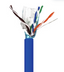 Blue Cat5e shielded network cable spool with exposed twisted pairs showing brown, blue, orange, green, red, and white color-…