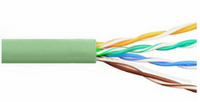 ICC Cat5e 350 MHz CMR Rated networking cable with green jacket and exposed twisted pair wires in orange, blue, cyan, and bro…