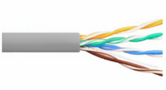 Cat5e ethernet cable with gray jacket showing twisted pair wires in orange, green, blue, and brown colors Main image