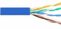 ICC Cat5e 350 MHz CMR rated network cable with blue jacket and color-coded twisted pairs exposed