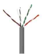 Cat 6e network cable with grey jacket showing four twisted pairs and color-coded conductors inside