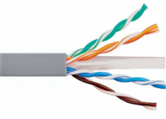 Cat6e network cable with grey jacket showing multicolored twisted pairs including blue, orange, and brown conductors
