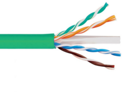 Cat6e plenum rated network cable with green jacket showing twisted copper wire pairs in blue, orange, and brown colors Main image