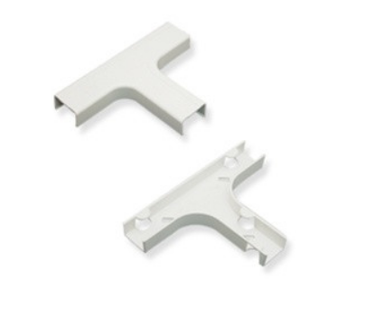 White 1 1/4 inch raceway tee and base connector for structured cabling systems