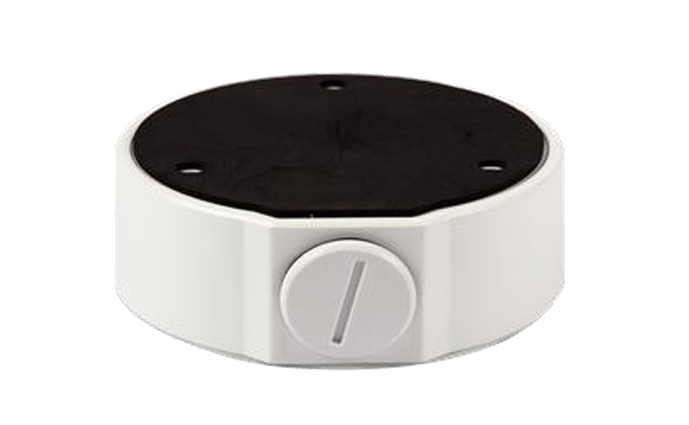 White aluminum junction box with black top plate for fixed dome camera wall mounting installation