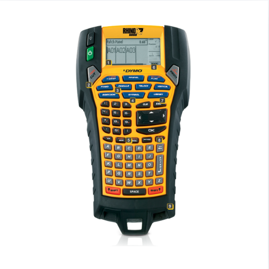RHINO 6000 handheld label printer with yellow and black body, LCD display, and full QWERTY keyboard for network cabling labe… Main image