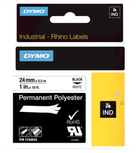 DYMO RHINO 1 white permanent polyester label roll 24mm x 5.5m for industrial labeling and network cabling identification