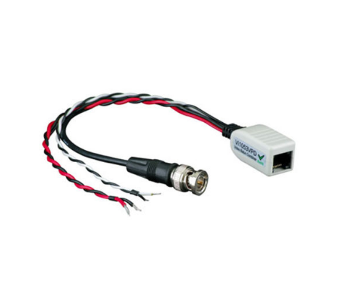 UTP transceiver with VPD combiner cable assembly featuring BNC connector and RJ45 ethernet port with twisted pair leads