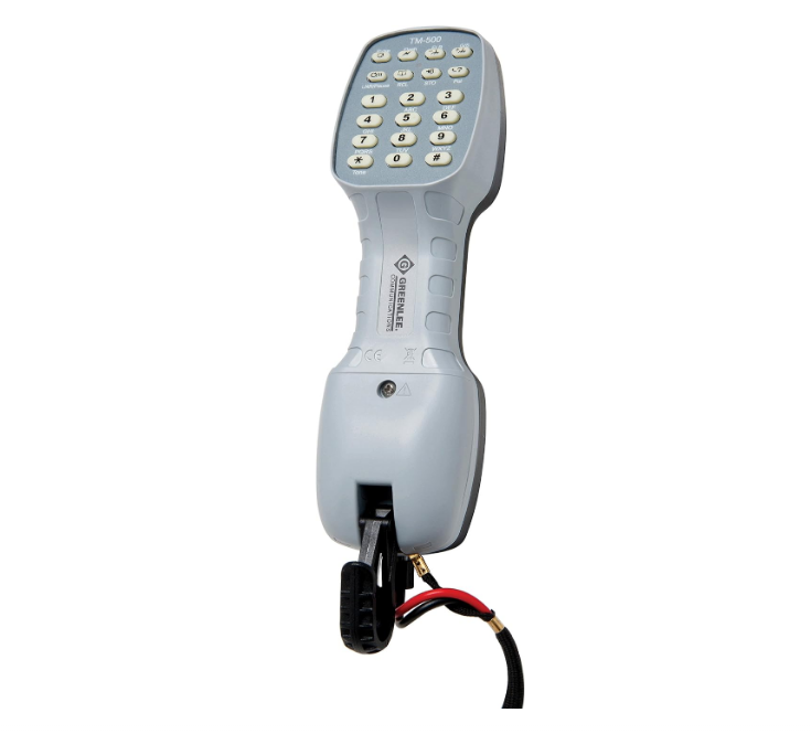 Gray telephone test set butt set with keypad, alligator clips, and bed of nails connector for network cabling testing