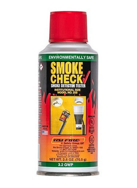 Smoke Check 2.5oz smoke detector tester spray can with red cap and yellow product label showing usage instructions