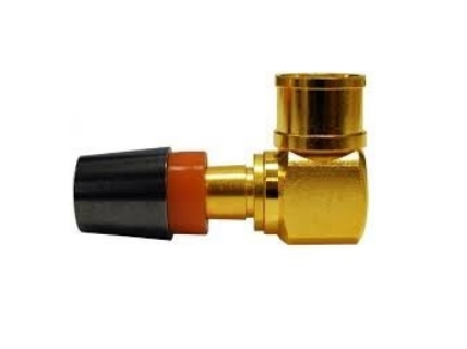 Belden RGSPURA right angle speaker compression connector with gold brass body, black and orange components, compatible with …