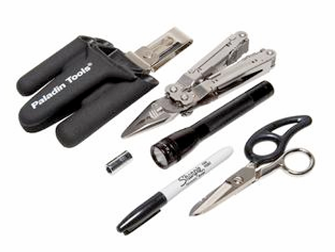 PowerPlay PT-540 multi-tool kit with pliers, knives, flashlight, scissors, and carrying case displayed Main image
