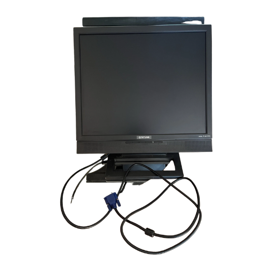 Value Series 17-inch LCD CCTV monitor with stand mounted on black metal bracket displaying dark screen with power and video …