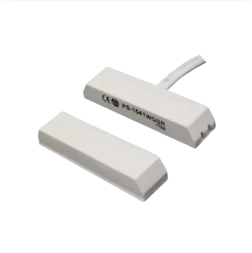 AI NEXT PS-1541 WG magnetic contact sensor with white plastic housing and attached cable, shown with protective cover