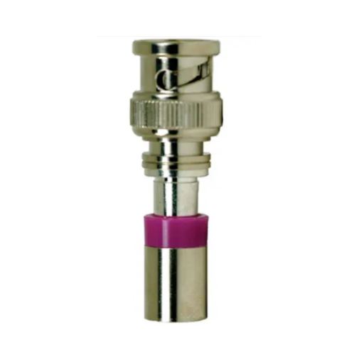 BNC connector for solid center mini coax cable with purple band, nickel-plated brass body and knurled coupling nut