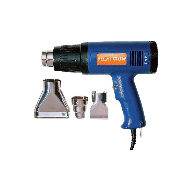 PAL-1873 dual speed heat gun with blue body, orange label, and three interchangeable metal nozzle attachments displayed Main image