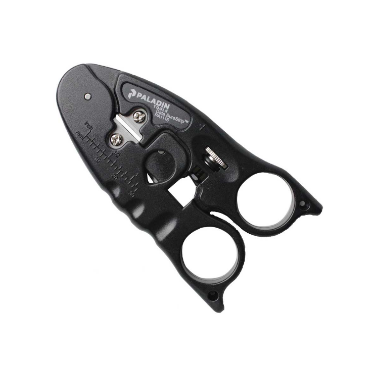 Paladin PAL-1116 black ethernet cable stripper with dual finger holes and integrated cutter for Cat5e Cat6 cables Main image