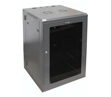 Wavenet 18U wall mount cabinet with gray steel frame and open front glass door, featuring dual swing-out design and ventilat… Main image