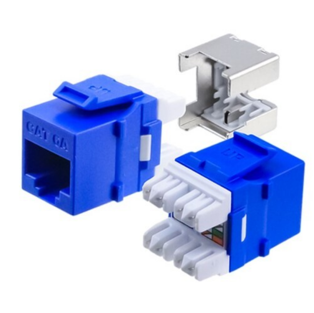 Blue Cat6A keystone jack with 110-type 8P8C connector, shown assembled and disassembled with metal mounting bracket