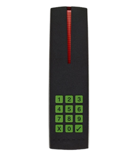 R915-V5C black indoor/outdoor access card reader with red light indicator and green numeric keypad 1-9, X, 0, checkmark butt… Main image