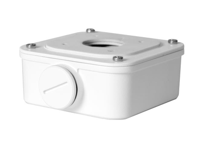 White mini bullet camera junction box with cable entry port and mounting screws for network cabling installations