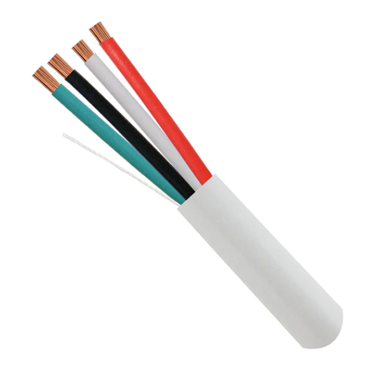 16/4 plenum audio cable with white jacket showing four color-coded copper conductors: teal, black, white, and red with expos…